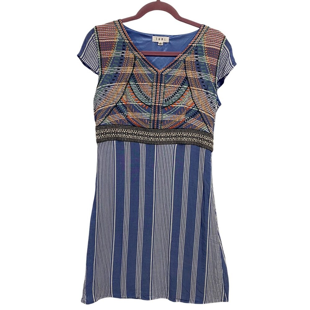 THML Blue Striped Embroidered Boho Cap Sleeve Dress Size M‎